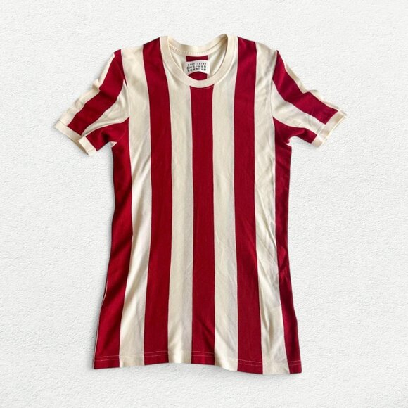 Maison Martin Margiela 2008 Red and Off White Striped Jersey T-Shirt - Picture 1 of 9